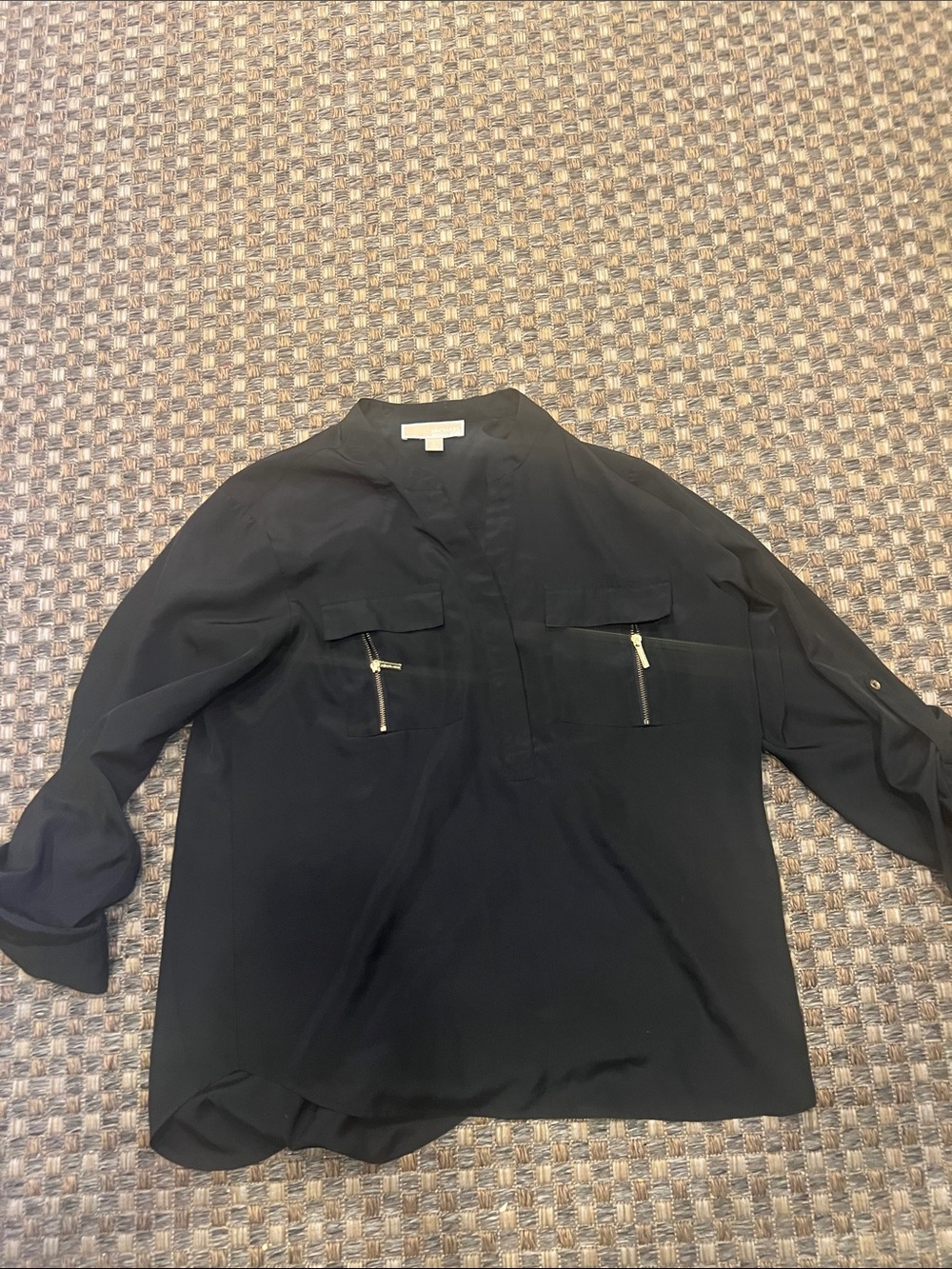 Michael Kors Black Long-Sleeve Button-Down Shirt with Gold Zippers large